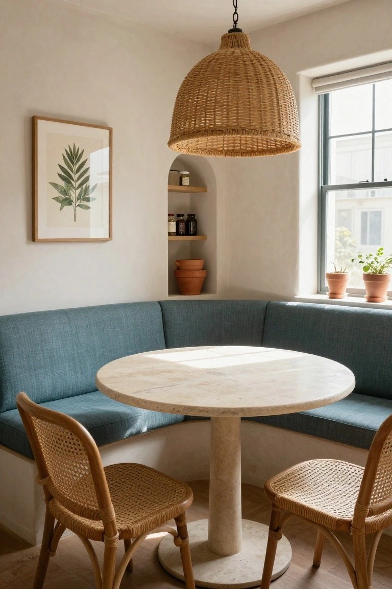 Teal built-in booth seating in a corner with a round white marble pedestal table and two rattan chairs, under a woven pendant lamp, next to a window and niche shelving in a light beige room.