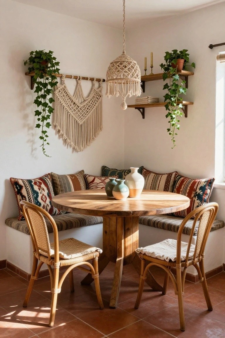 Corner indoor dining area featuring built-in bench seating with assorted patterned cushions around a round wooden table, two rattan chairs, ceramic vases on the table, ivy plants on shelves, macrame wall hanging, rattan pendant light, white walls, and terracotta tile floor.
