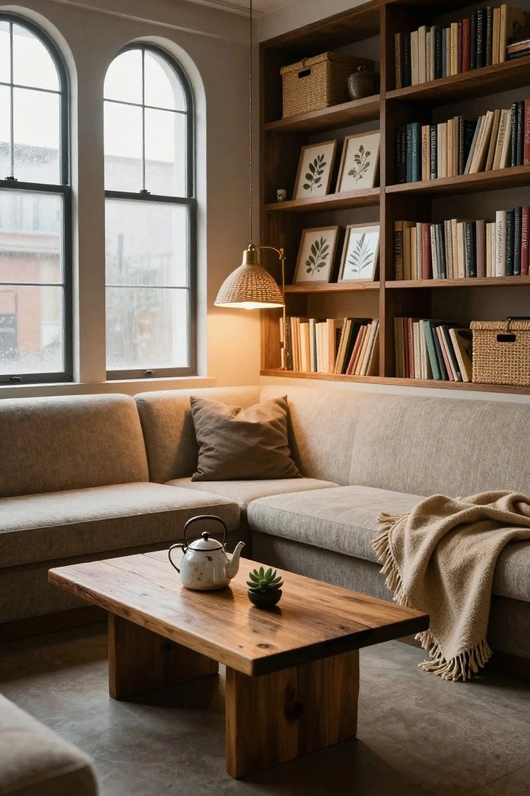 Cozy living room corner with wooden bookshelves filled with books and decorative items, light gray sofa with beige pillows and throw blanket, rustic wooden coffee table holding white teapot and small succulent plant, arched black-framed windows showing rainy weather outside, and rattan pendant lamp providing warm light.