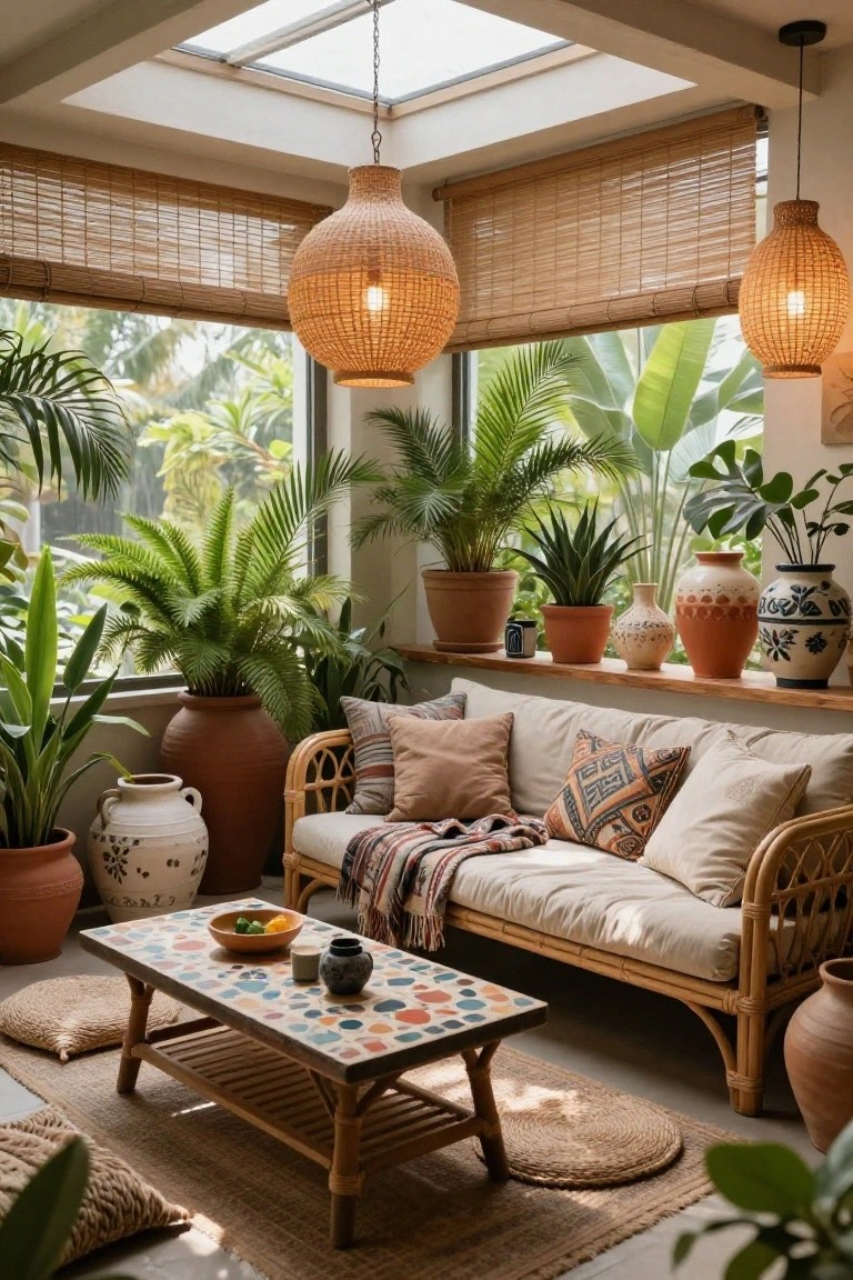 Sunlit indoor lounge with beige rattan sofa covered in patterned cushions and a throw blanket, low tiled coffee table, large potted tropical plants in terracotta and ceramic pots, woven hanging lamps, bamboo blinds on windows overlooking greenery.