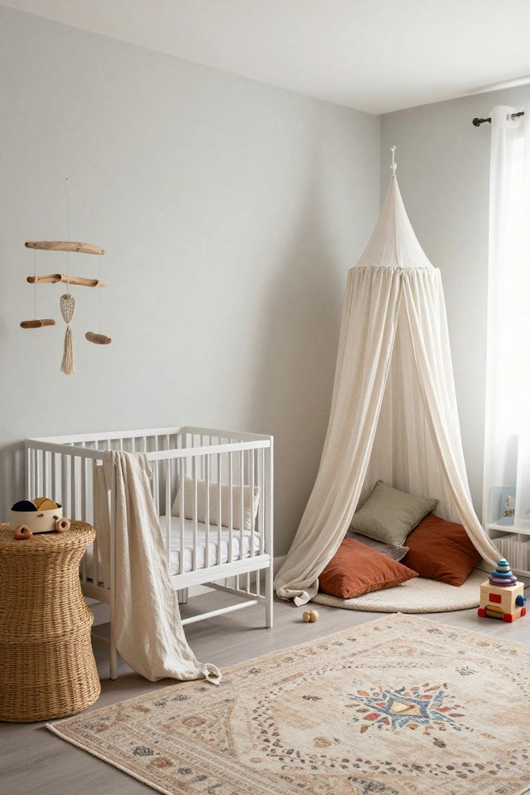 Light gray nursery with white crib, conical white fabric canopy tent over round beige rug with green and rust pillows and stacking toys, wicker side table with toys, and driftwood mobile hanging from ceiling.