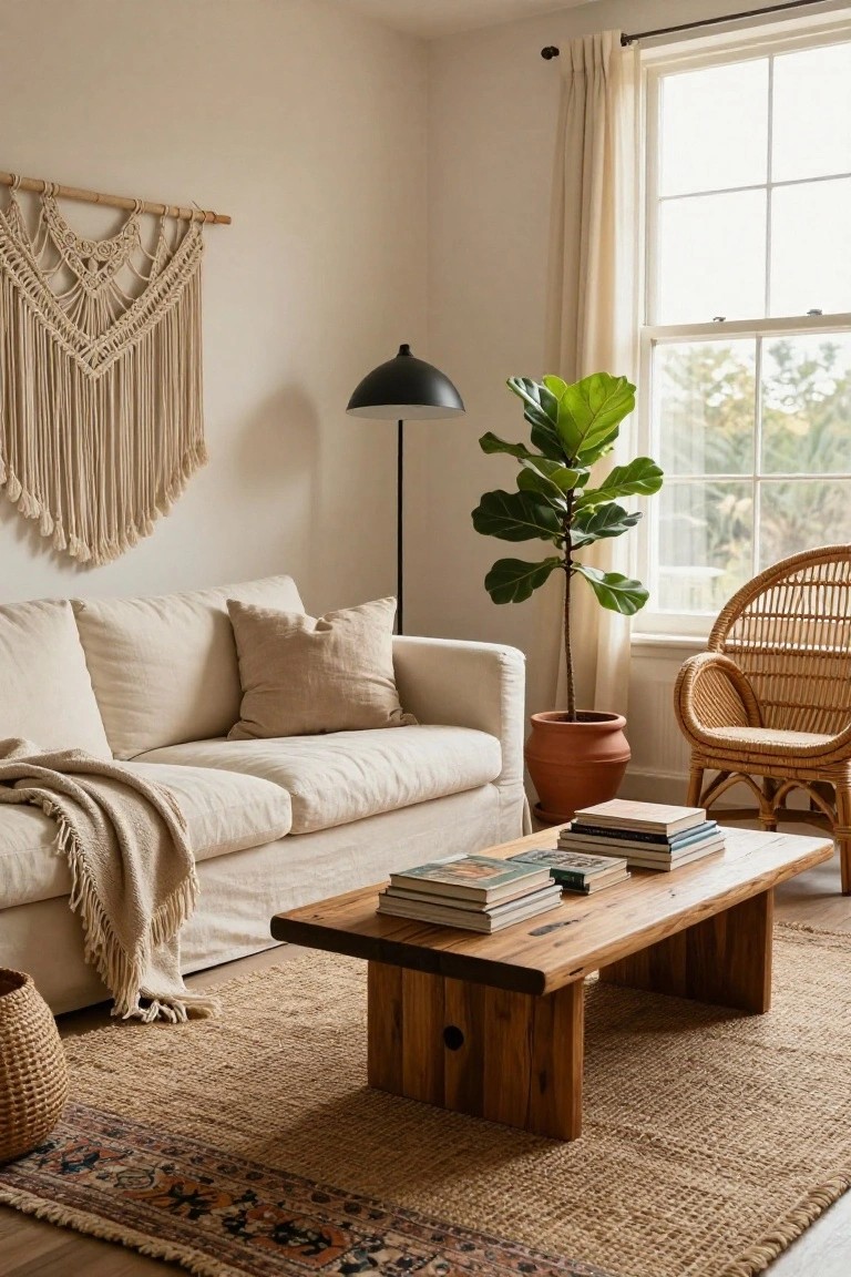 Cozy living room with beige sofa, wooden coffee table, macrame, and plants.