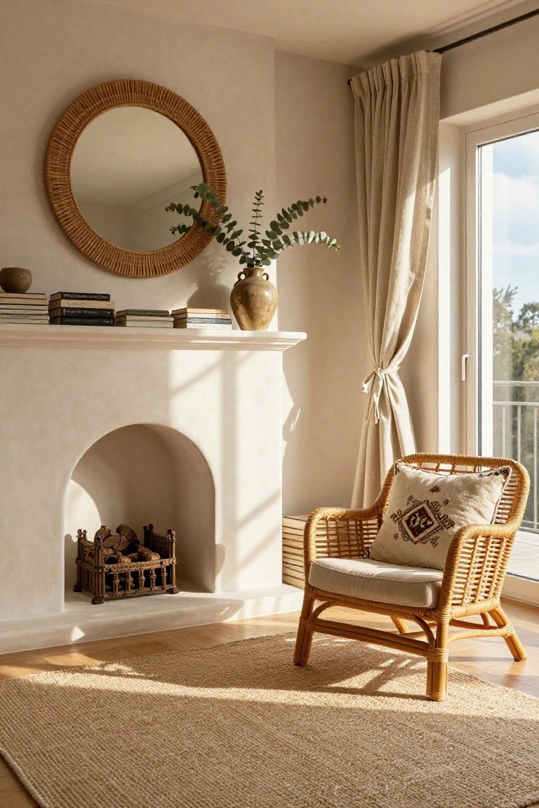 Light beige room corner with arched white fireplace holding wood log basket, rattan armchair with beige seat cushion and embroidered pillow, round rattan mirror on wall above stacked books and eucalyptus vase on mantel, seagrass rug on wood floor, cream curtains at window with outdoor view.
