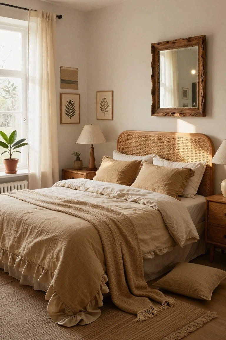 Bedroom with curved rattan headboard, beige linen bedding and pillows draped over a white bed, wooden nightstands, potted plants, framed art, and sheer curtains on a window.
