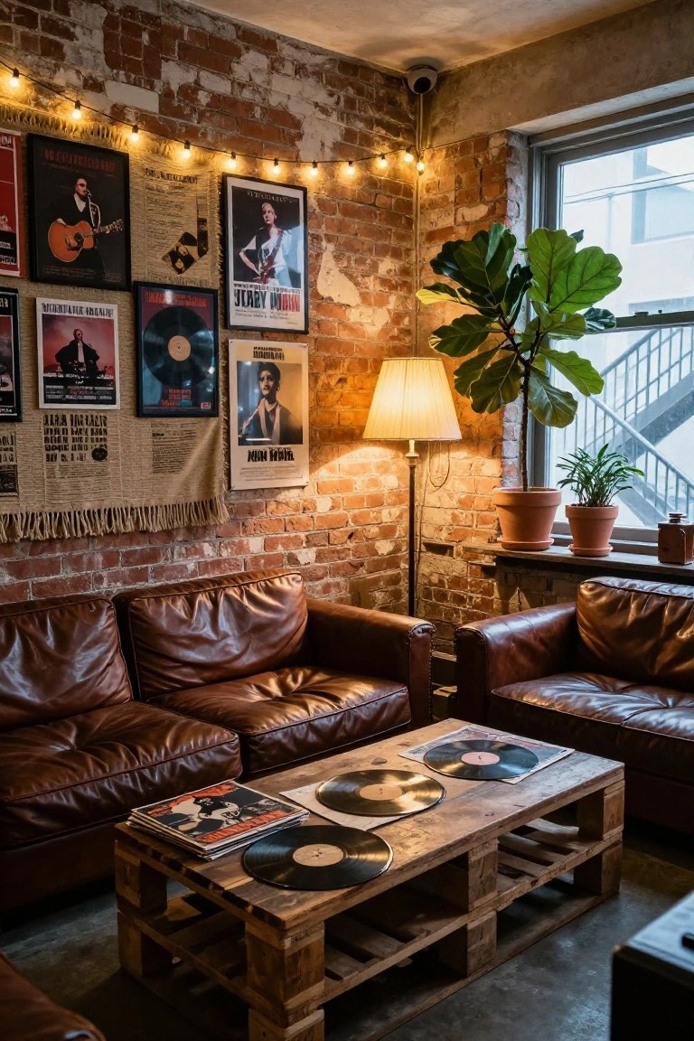 Exposed brick-walled lounge with two brown leather sofas facing a wooden pallet coffee table holding stacked black vinyl records and album covers, vintage music posters on walls, potted plants, a lamp, and string lights.