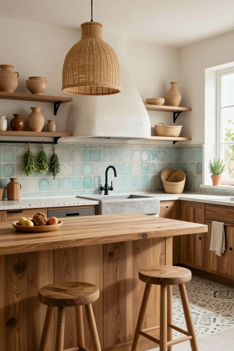 A boho kitchen with a large wooden island topped by a fruit bowl, flanked by wooden stools, blue tiled backsplash, rattan pendant light, and terracotta pots on wooden shelves.
