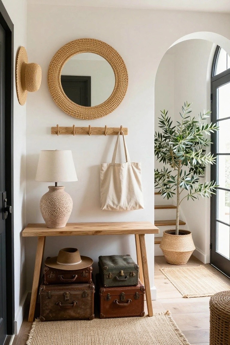 Entryway interior with white walls, black door frame, rattan mirror and hat on wall, wooden hooks holding cream tote bag, textured ceramic lamp on wood console table, three stacked vintage suitcases in browns and greens underneath, potted olive tree near arched window, seagrass rugs on wood floor.