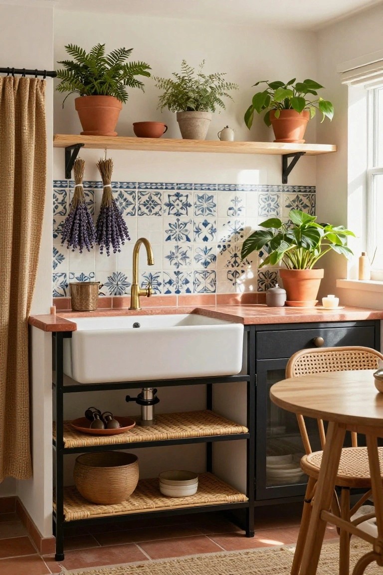 Small kitchen nook with terracotta countertop and white farmhouse sink on black metal stand, blue patterned tile backsplash, wooden wall shelves with potted plants and hanging dried lavender bundles, rattan baskets on lower shelves, and a round wooden table with chairs.