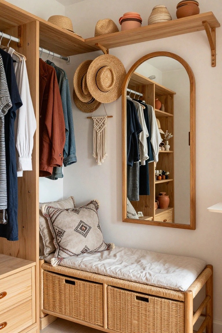 Corner wooden wardrobe with open shelves, hanging clothes in various colors, straw hats on shelves and hooks, arched mirror, macrame hanging, potted ceramics, and a rattan bench with storage drawers and cushions below.