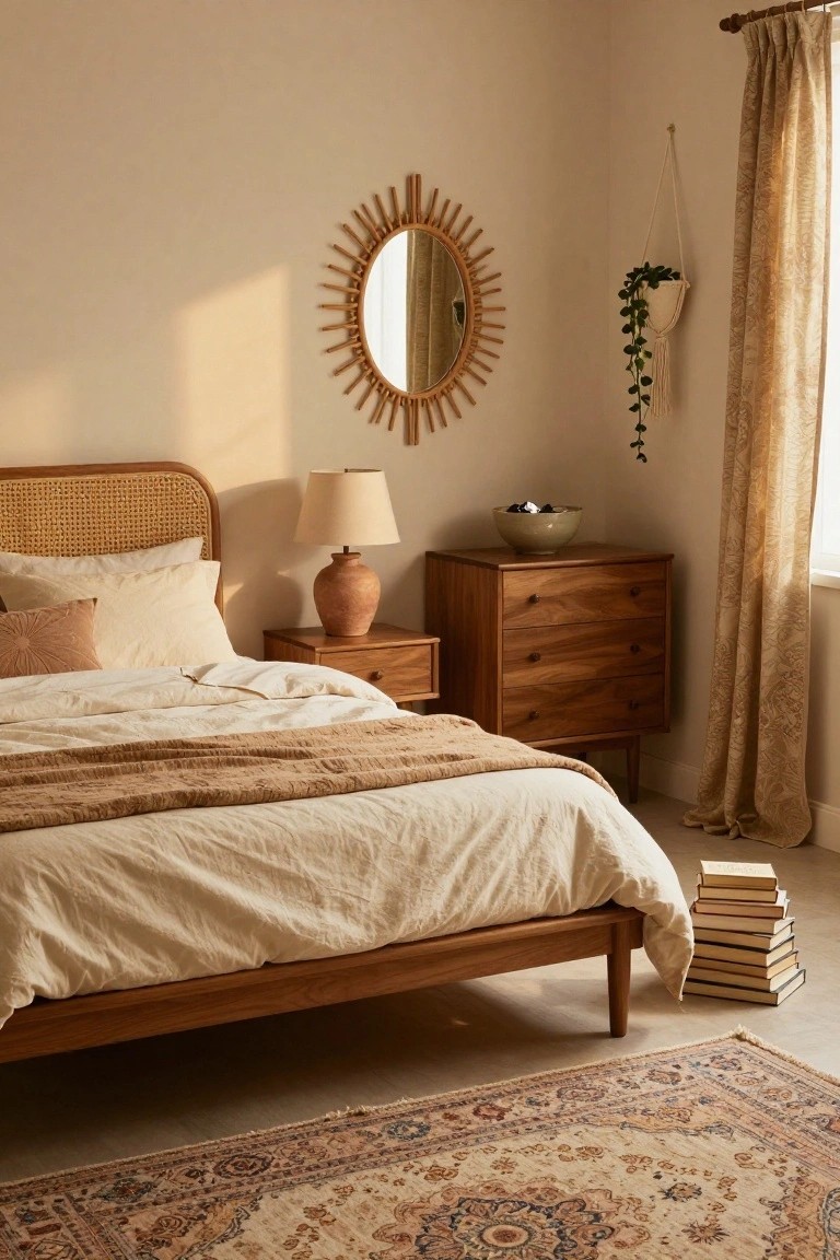 Bedroom interior with wooden bed featuring rattan headboard, white linens and beige throw, wooden dresser and nightstand with terracotta lamp, sunburst rattan mirror, hanging plant, and beige Persian rug on light floor.