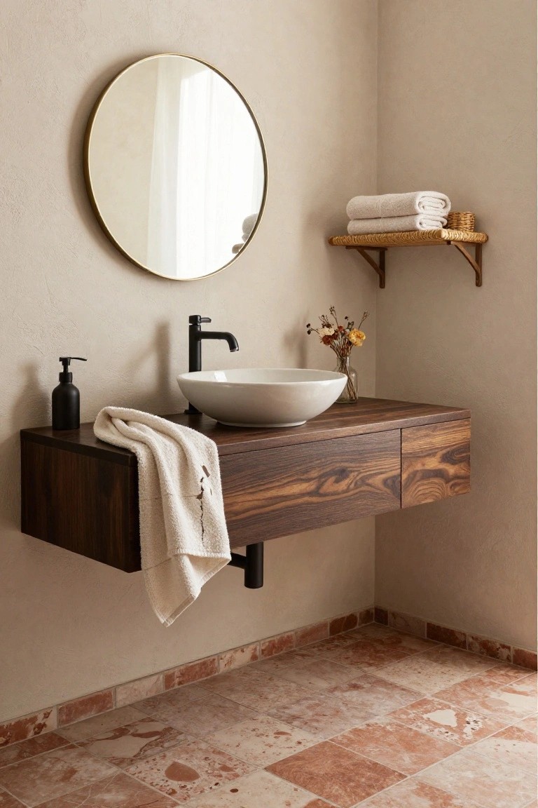 Corner of a bathroom featuring a floating dark wood vanity with white vessel sink, black faucet, round gold mirror, stacked white towels on rattan shelf, soap dispenser, and terracotta tile floor against beige walls.