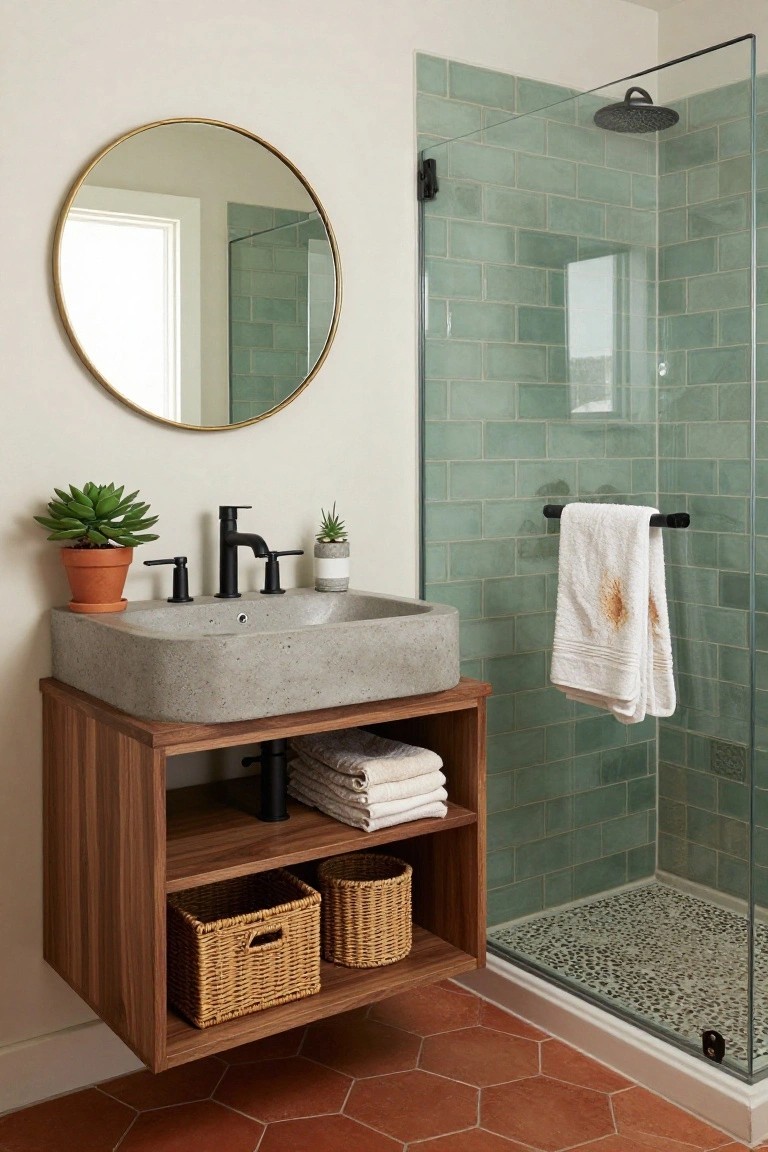 Bathroom with floating wooden vanity under gray concrete sink, black faucet, potted succulents, round brass mirror on white wall, open shelves holding towels and baskets, glass shower enclosure with green subway tiles, black showerhead, and hexagonal terracotta floor tiles.