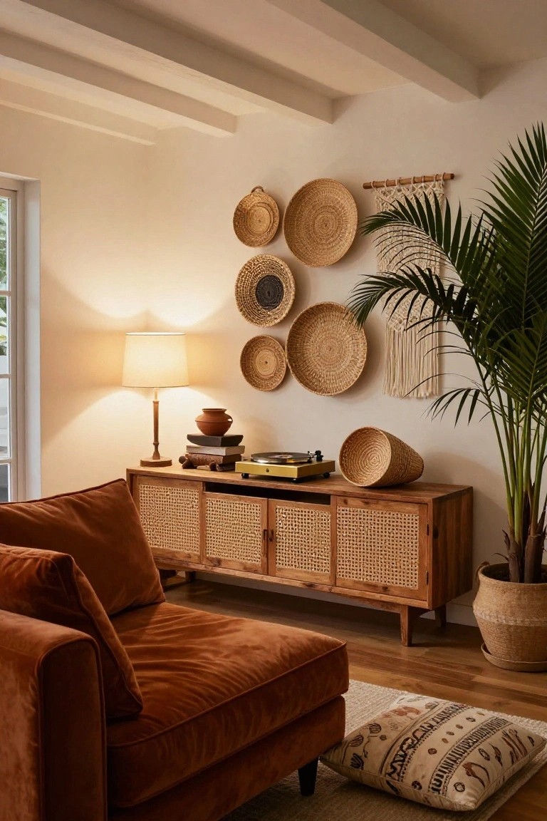 Living room corner with beige walls and wooden beams, multiple woven baskets hung in a casual gallery on the wall beside a potted palm plant, rattan-fronted wooden media console holding a gold turntable and books, rust-colored velvet sofa, lamp on a side table, floor cushions, and jute rug.