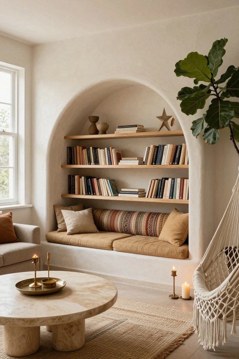 Light beige arched wall niche in a living room with oak bookshelves filled with books, a cushioned bench with pillows and a striped textile, large fiddle leaf fig plant, white hammock chair, round stone coffee table with brass candleholders, and beige area rug.