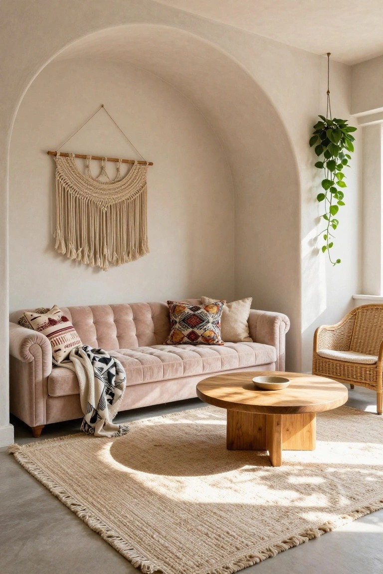 Blush pink velvet tufted sofa with patterned pillows and throw in a white arched wall niche, macrame wall hanging above, hanging potted plant, wooden coffee table with bowl, rattan chair, seagrass rug, and natural light on concrete floor.