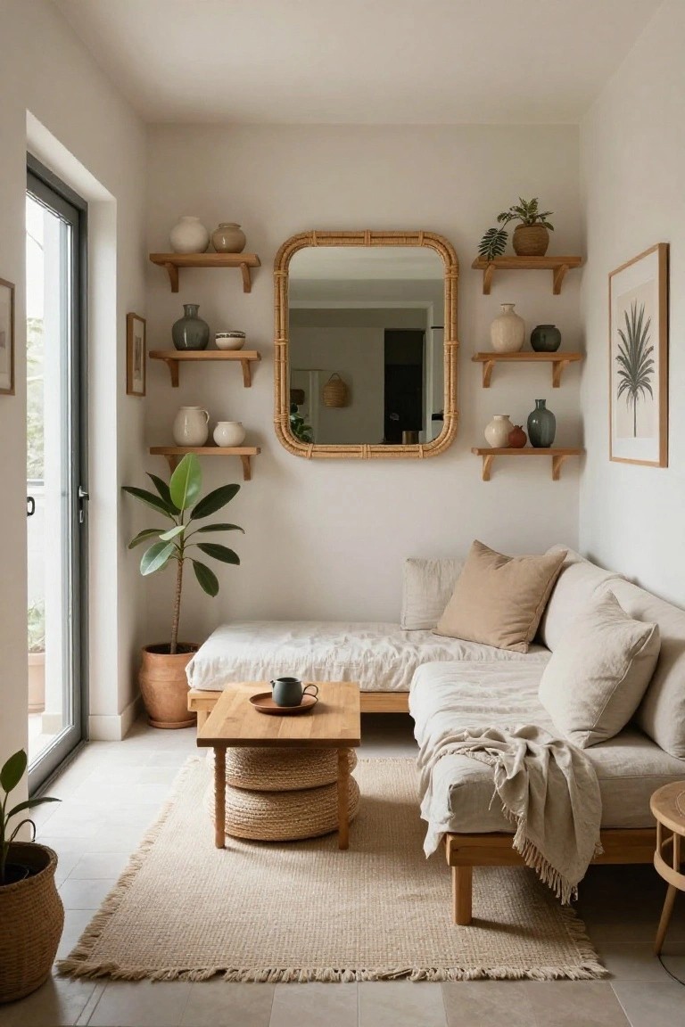 Small white-walled indoor room with glass door featuring a low beige linen daybed in the corner, low wooden coffee table on stacked seagrass stools, large round rattan mirror centered on wall with floating wooden shelves holding ceramic pots and plants on either side, potted rubber plant nearby, and seagrass rug on tiled floor.