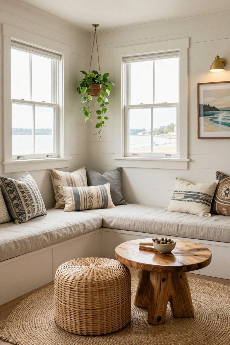 White shiplap-walled corner with L-shaped built-in bench piled with patterned pillows, wooden coffee table holding a bowl of nuts, wicker ottoman, jute rug, hanging potted plant, and large windows overlooking a lake.