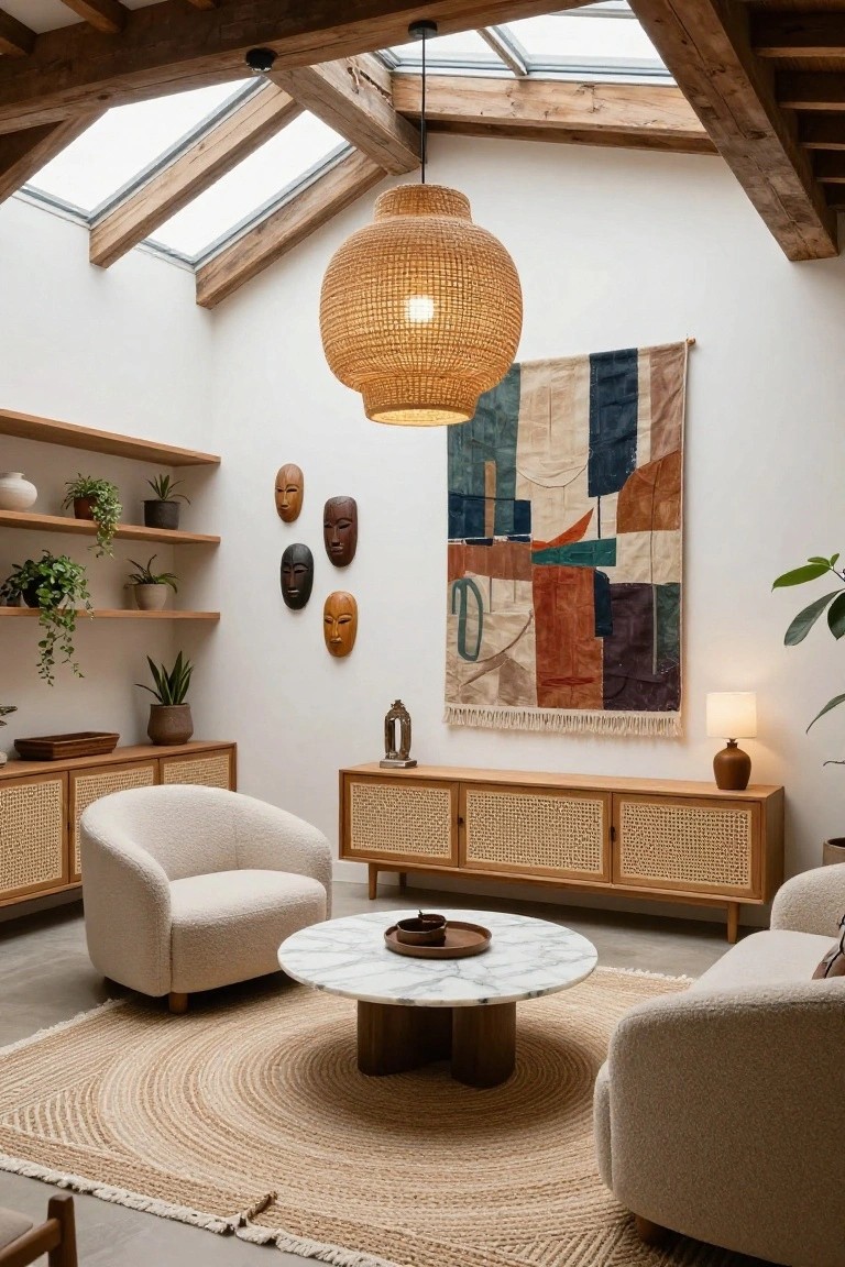 Bright interior of a boho living room with two curved cream bouclé armchairs around a round white marble coffee table on a large round jute rug, rattan-front credenza, wooden shelves with plants and carved masks, woven pendant lamp hanging from beamed ceiling with skylights, and abstract tapestry on white wall.