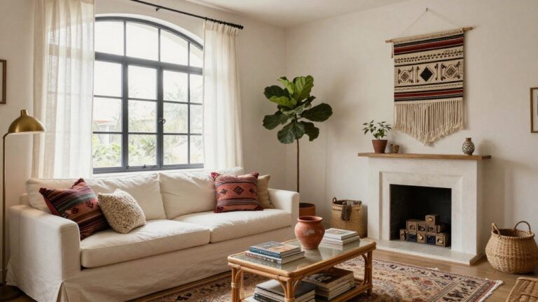 21 Bright Boho Living Room Ideas to Open Up Dark Spaces Living room with white slipcovered sofa topped by colorful patterned and textured pillows, rattan coffee table holding books and a terracotta jug, macrame wall hanging, gold floor lamp, fiddle leaf fig plant, sheer curtains on arched black-framed window, and woven baskets by limestone fireplace.