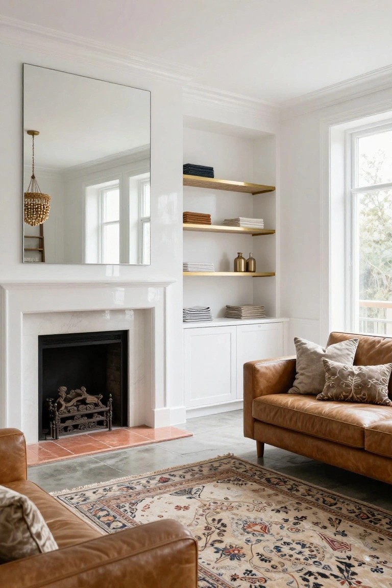 Living room with a large rectangular mirror on white wall next to built-in white cabinets and gold shelves flanking a white marble fireplace, tan leather sofa with patterned pillows on a colorful rug, rattan pendant light, and window overlooking greenery.