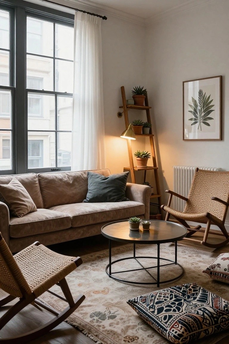 Living room corner with beige sofa, two rattan rocking chairs, wooden ladder shelf holding multiple potted succulents, brass lamp, sheer curtains on dark-framed windows, and patterned rug on wood floor.