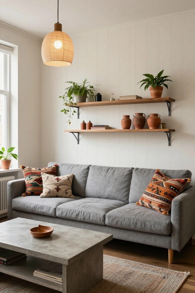 A bright living room featuring a light gray sofa with colorful patterned pillows, a concrete coffee table, white vertical paneled walls, floating wooden shelves holding plants in terracotta pots and books, and a woven pendant lamp.