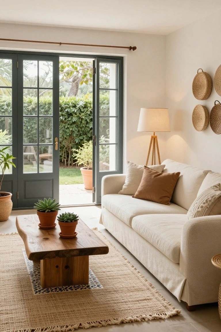 A light-filled living room with open dark green French doors revealing a garden, a beige linen sofa with terracotta and cream pillows, a live-edge wooden coffee table with potted succulents, a seagrass rug, tripod floor lamp, potted plants, and woven basket wall decor.