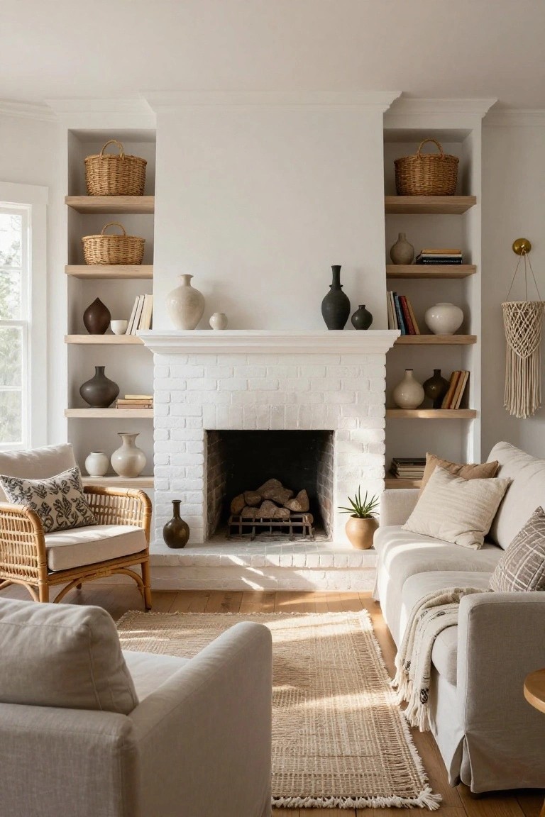 Living room with white brick fireplace flanked by built-in open wooden shelves holding wicker baskets, ceramic vases in neutral tones, books, and plants, neutral fabric chairs and sofa nearby, light wood floor, and windows letting in sunlight.