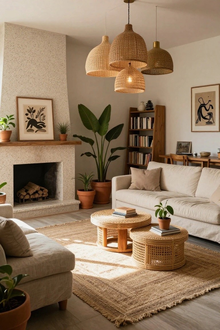 Sunlit living room with neutral textured walls, stone fireplace, tall potted plants, wooden bookshelves, cream sofa with pillows, rattan coffee tables, woven pendant lights, and jute rug on light wood floor.