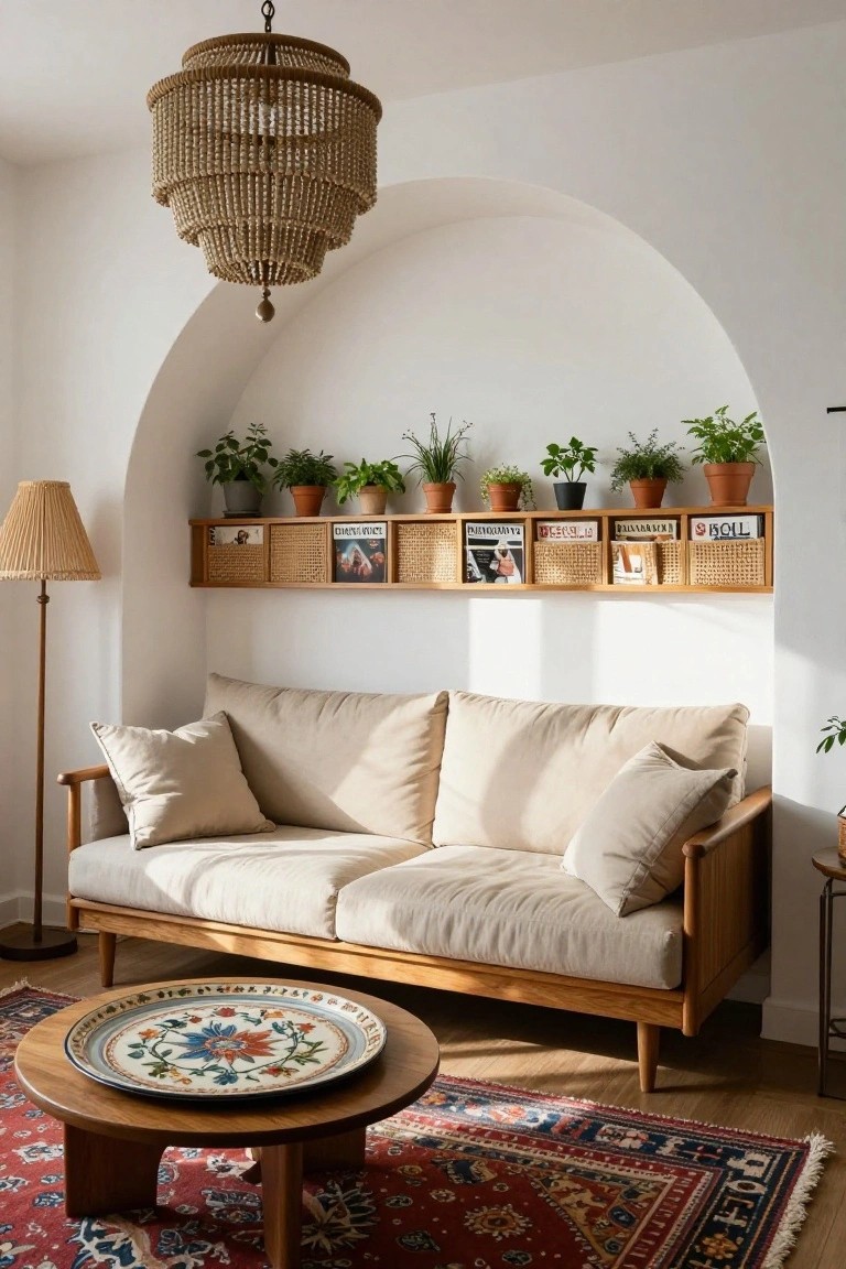 Sunlit living room with beige linen sofa on wooden frame, round wooden coffee table on red Persian rug, tall beige floor lamp, beaded rattan chandelier, and white arched wall niche with rattan shelves holding potted plants and magazines.