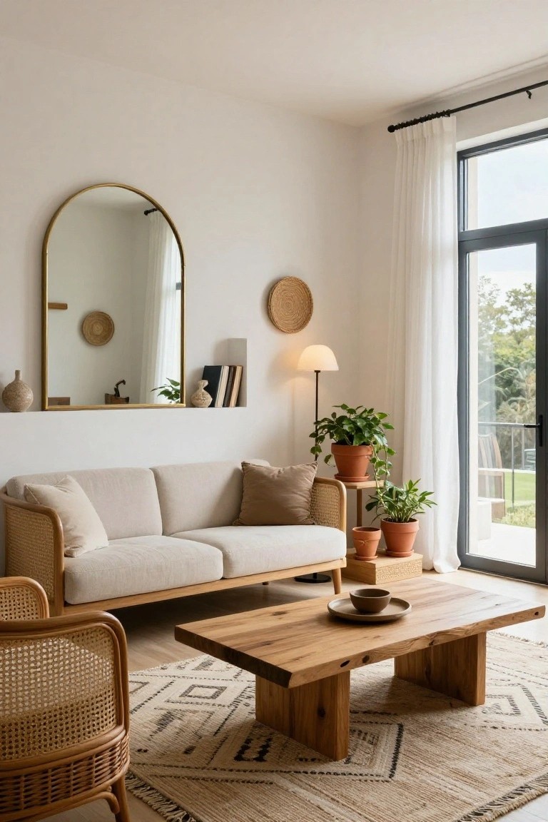 Bright living room with cream rattan sofa and matching chair, live-edge oak coffee table, terracotta potted plants, gold arched wall mirror, woven wall decor, and glass doors with sheer curtains to outdoor view.