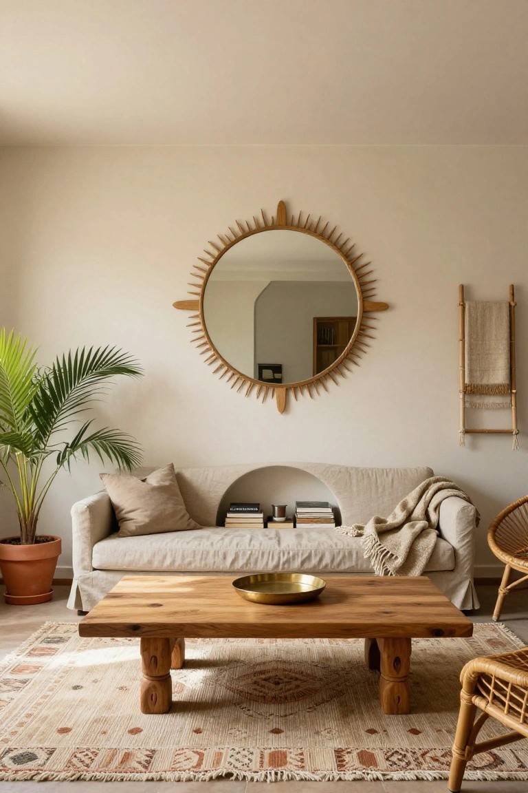 Beige living room with large gold sunburst mirror on wall, cream slipcovered sofa with pillows and throw, low wooden coffee table holding brass bowl, potted palm in terracotta pot, rattan chair, woven rug, and bamboo ladder rack.