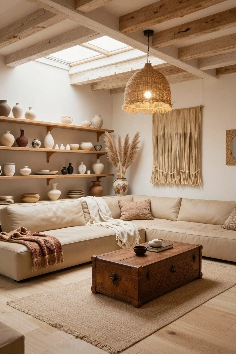 A light-filled boho living room with exposed wooden ceiling beams, a central skylight, woven rattan pendant light, open shelves displaying ceramic pottery and vases, beige L-shaped sofa with throws, wooden trunk coffee table, and jute rug on light wood floors.