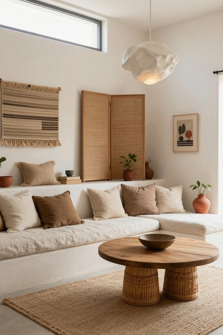 Bright white living room with L-shaped linen sofa and neutral cushions, round wooden coffee table with rattan pedestal legs on seagrass rug, tall folding rattan screen divider, woven wall hanging, abstract framed print, potted plants in terracotta pots, and large white sculptural pendant light.