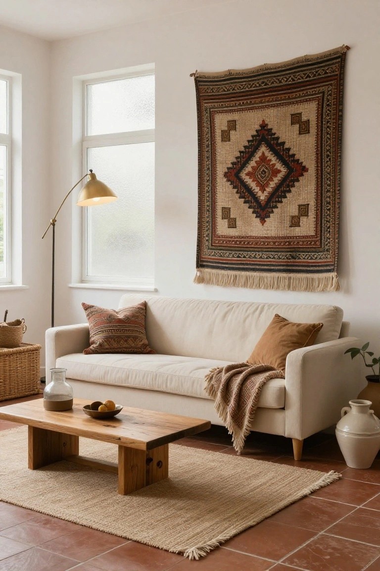 A cozy living room featuring a large geometric patterned tapestry hanging on a white wall above a cream-colored sofa, with a wooden coffee table, seagrass rug, and terracotta tile floor.