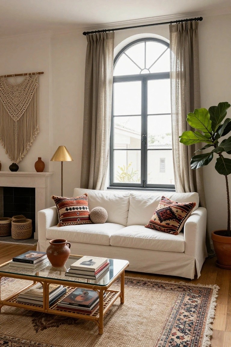 Living room with white slipcovered sofa topped by colorful patterned and textured pillows, rattan coffee table holding books and a terracotta jug, macrame wall hanging, gold floor lamp, fiddle leaf fig plant, sheer curtains on arched black-framed window, and woven baskets by limestone fireplace.