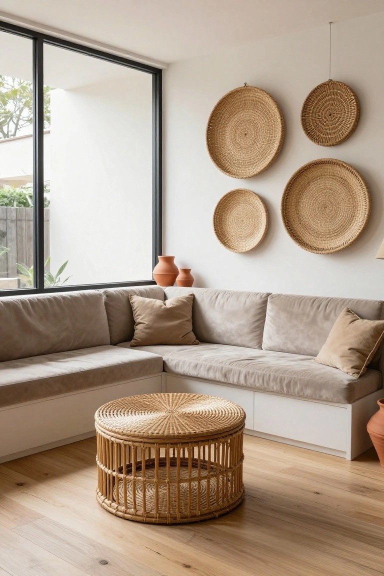 Bright living room corner with beige corner sofa, woven rattan coffee table, terracotta pots on shelves, multiple round woven basket wall hangings, and a large black-framed window showing outdoor greenery and fencing.