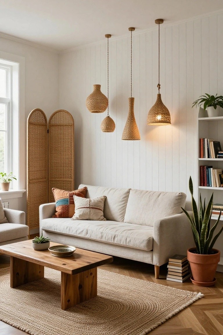 Living room with cream fabric sofa, wooden coffee table, multiple hanging woven basket pendant lights, rattan folding screen by window, potted plants, bookshelves, and beige rug on parquet floor against white shiplap walls.
