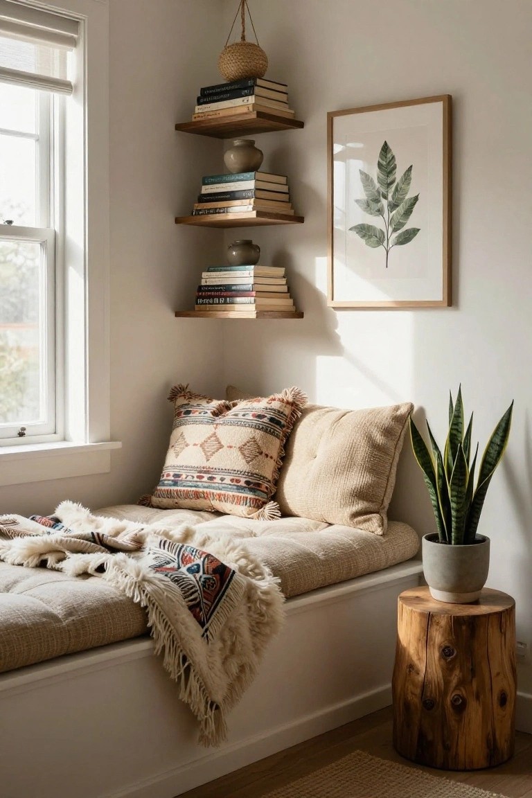 Beige tufted window bench with patterned pillows and fringed throw blanket draped over it, wooden floating shelves above holding books and pottery, a snake plant in a gray pot next to a wooden stump side table, in a light-filled room with a leaf print on the wall.