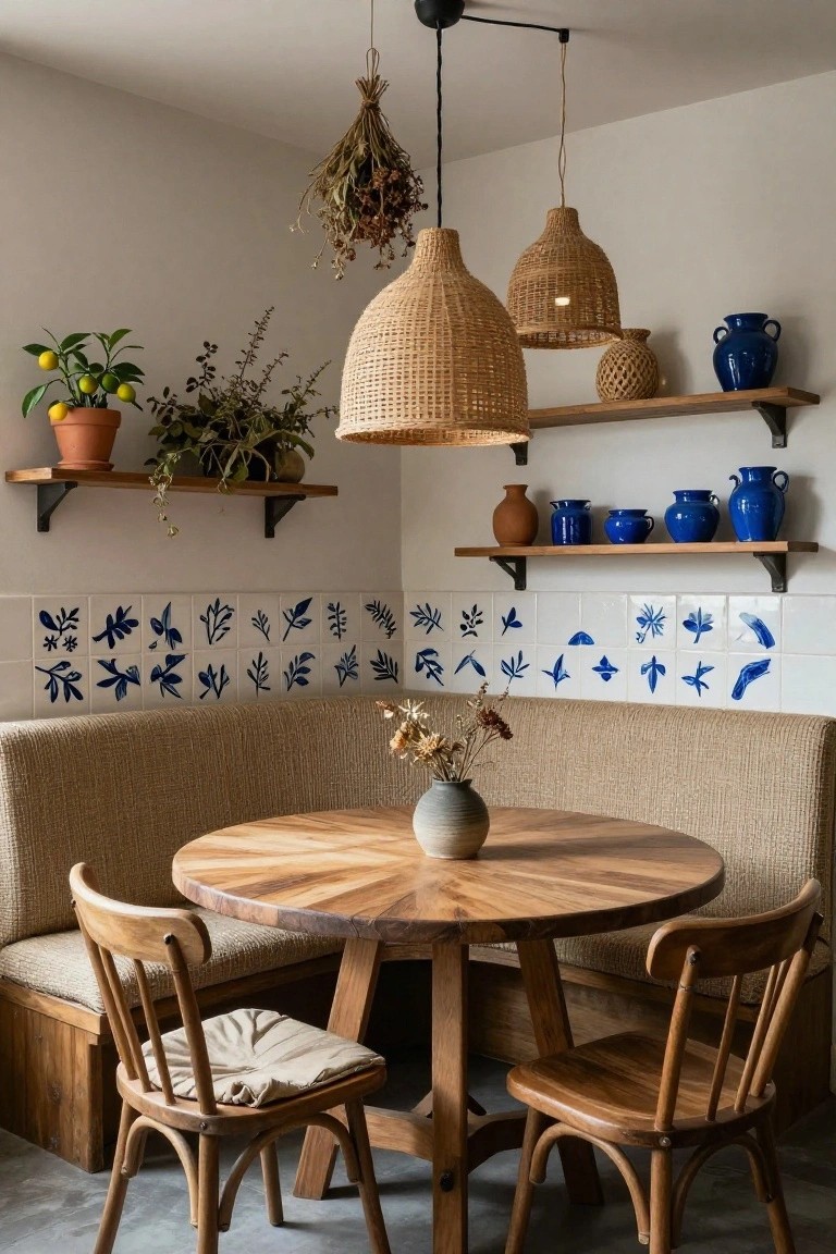 Corner indoor dining nook featuring beige upholstered banquette seating, round wooden table with gray vase of dried flowers, two wooden chairs, hanging rattan pendant lights, wooden shelves holding terracotta and blue pottery, potted plants, and white wall with blue botanical tile pattern.