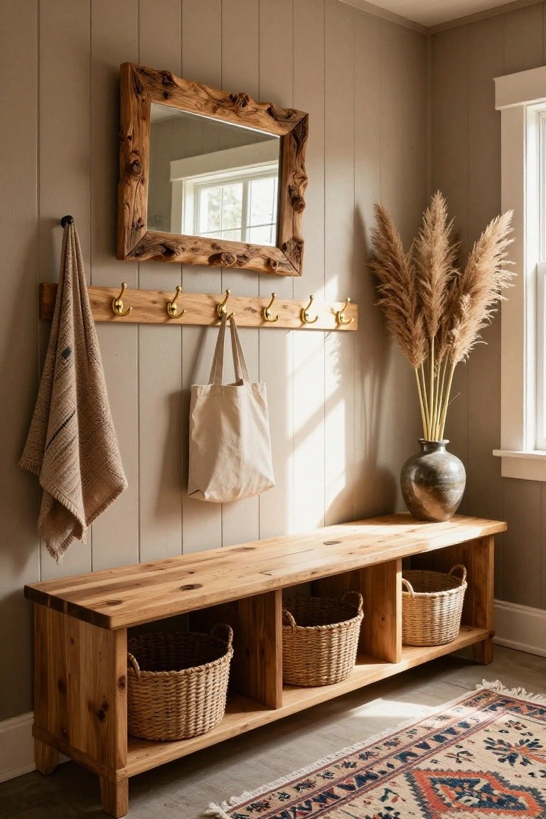 Beige vertical plank wall in an entryway with wooden hooks holding a towel and canvas bag, driftwood-framed mirror, tall pampas grass in a gray vase, wooden bench with three wicker basket cubbies, and a patterned rug on the floor.