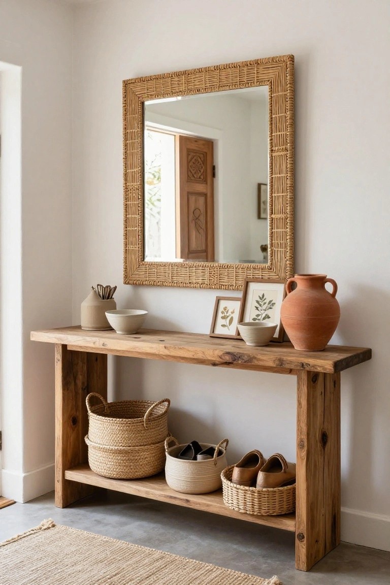 A rustic wooden console table stands against a white wall in an entryway, topped with terracotta pots, bowls, and utensils, with woven baskets holding shoes on open shelves below and a large rattan mirror mounted above.