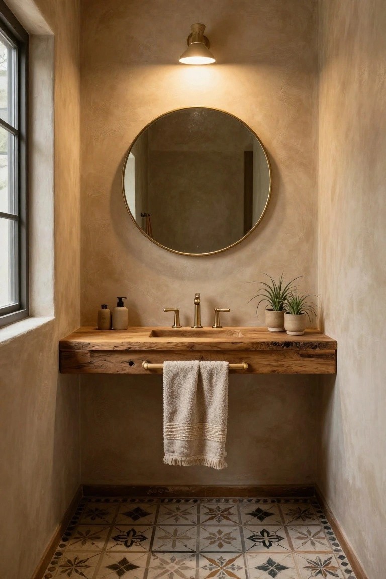 Small bathroom featuring beige textured plaster walls, a large round gold-framed mirror, floating rough-hewn wooden vanity shelf with integrated sink and brass faucet, potted plants, soap dispensers, hanging towel, and colorful patterned tile floor.