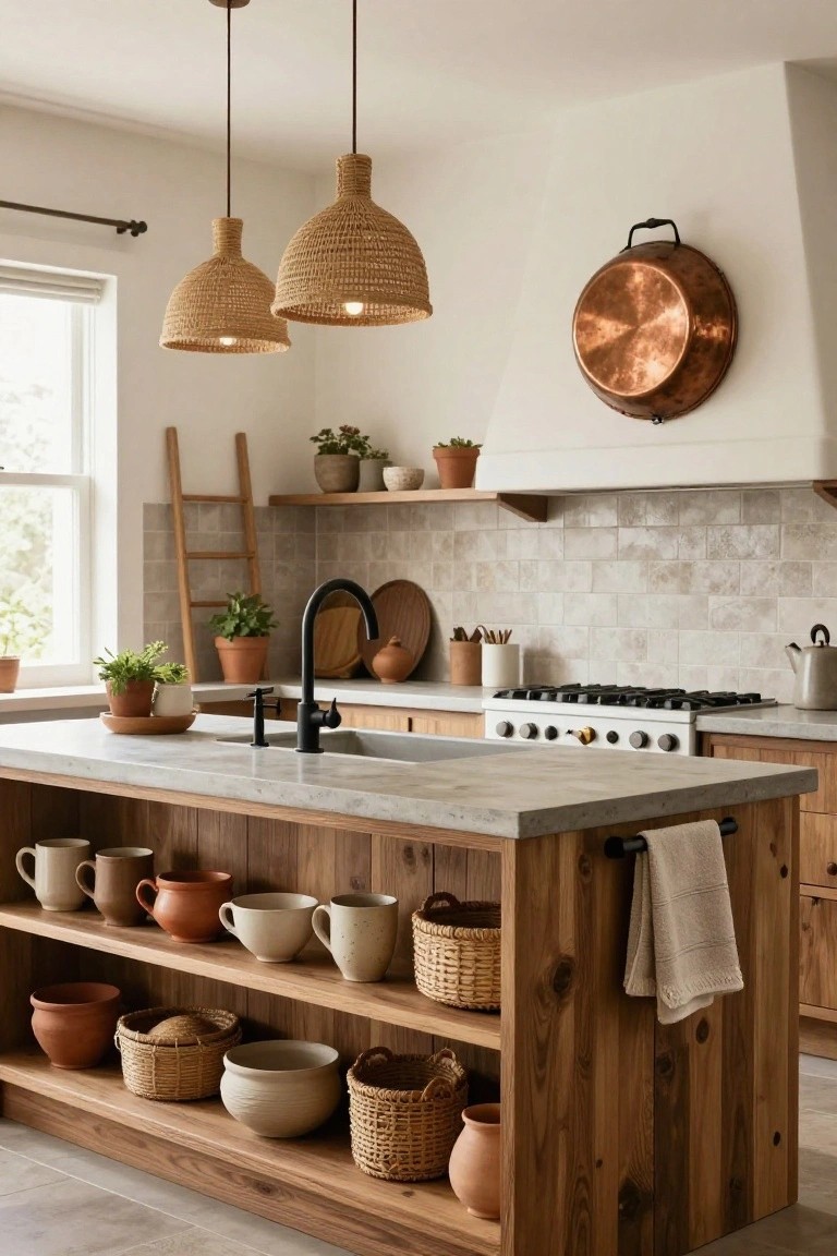 Kitchen interior with a wooden island featuring open lower shelves stocked with terracotta pots, woven baskets, and ceramic bowls, paired with a black faucet sink, gas range, and woven pendant lights above.