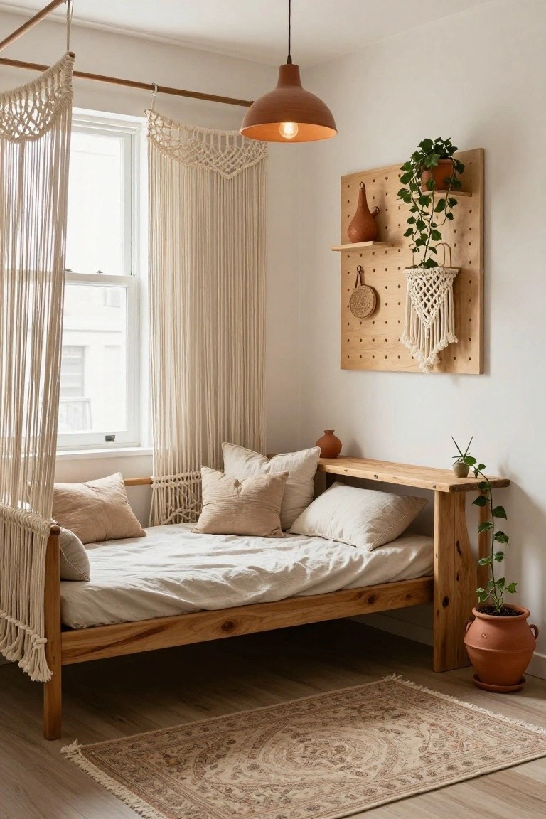 Bedroom with low wooden bed draped in white macrame from ceiling poles, beige pillows on bed, wooden bench with plant, pegboard wall with hanging pots and macrame, terracotta vessels, and light wood floor.