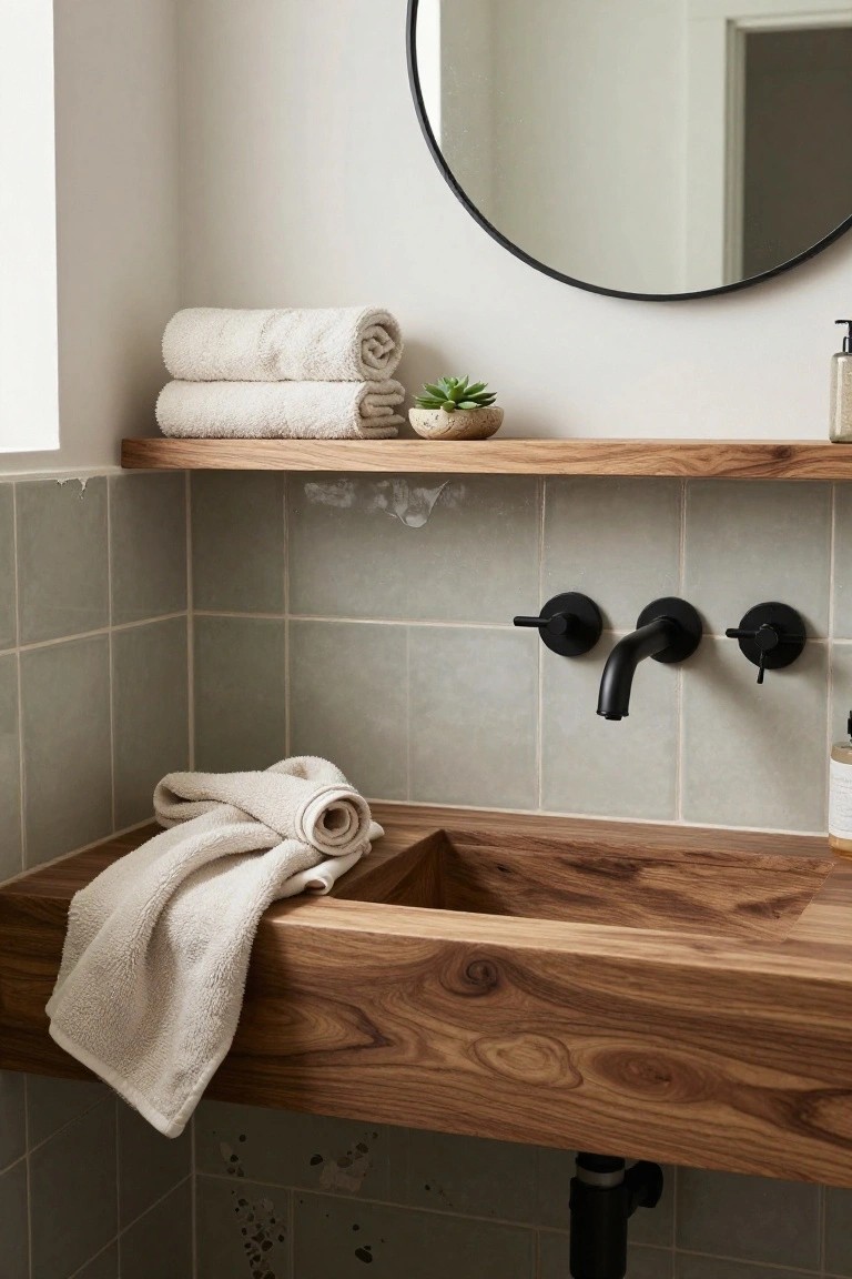 Bathroom corner with a wooden vanity featuring a built-in sink basin, white towels draped over the edge, light green subway tiles on the wall, black wall-mounted faucet, wooden shelf with folded towels above, and a round black-framed mirror.