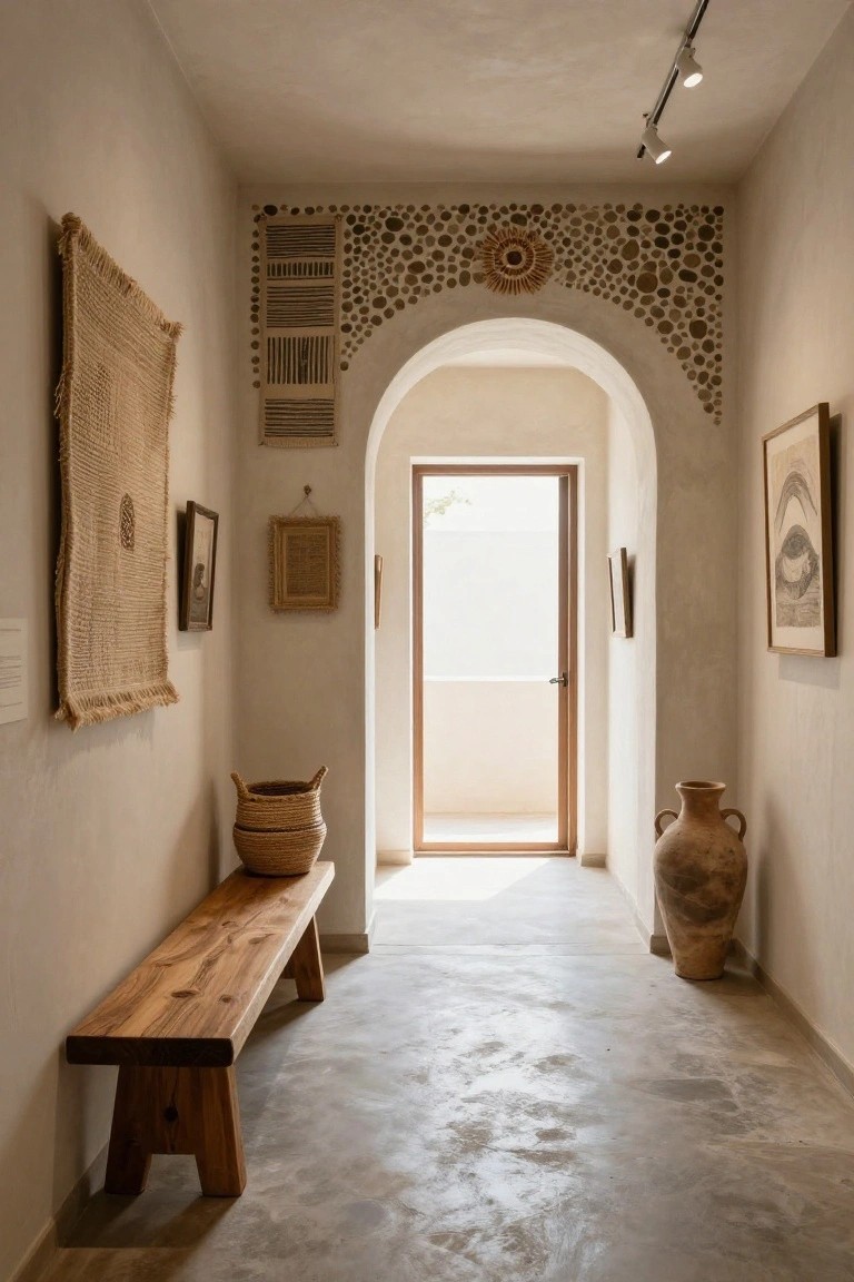 Narrow beige hallway with textured plaster walls featuring pebble mosaics, woven sun design, and striped panels around a white arched doorway open to outdoors, wooden bench, baskets, and terracotta pot nearby.