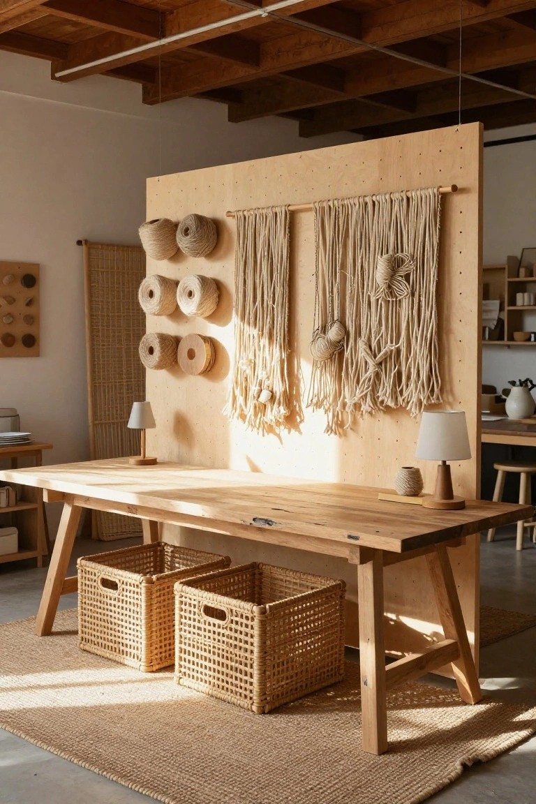 Wooden pegboard wall with hanging yarn balls, macrame strands, and hooks in a studio space beside a large oak desk, wicker baskets, lamps, and natural fiber elements.