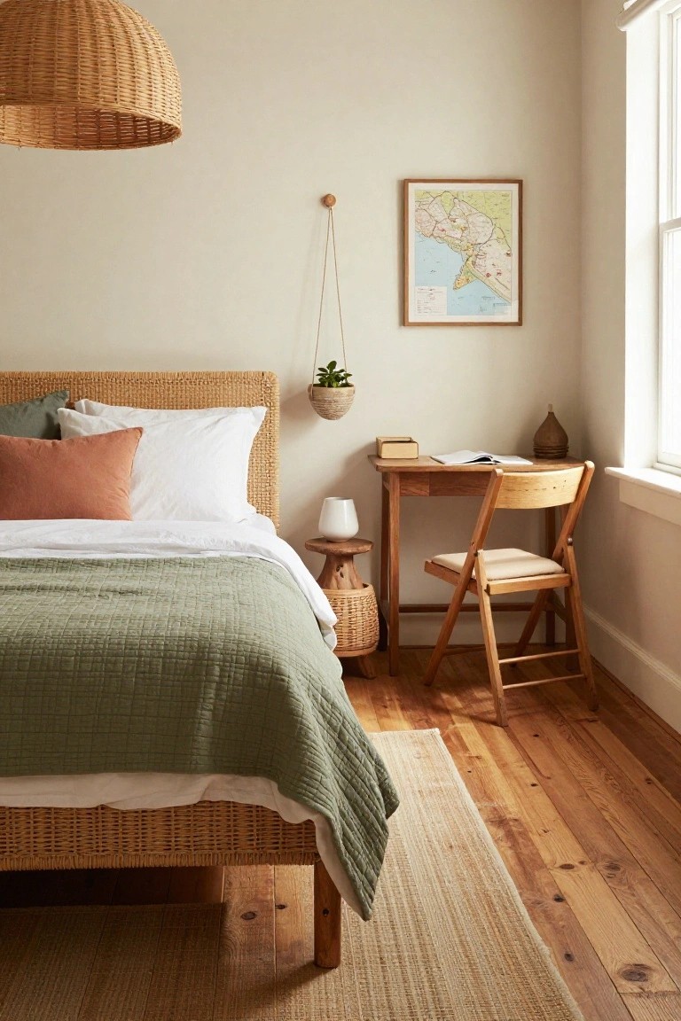 Bedroom corner with rattan headboard bed covered in white sheets and green quilt, wooden desk and folding chair, bedside stool with basket, hanging plant, and framed map on cream wall next to window.