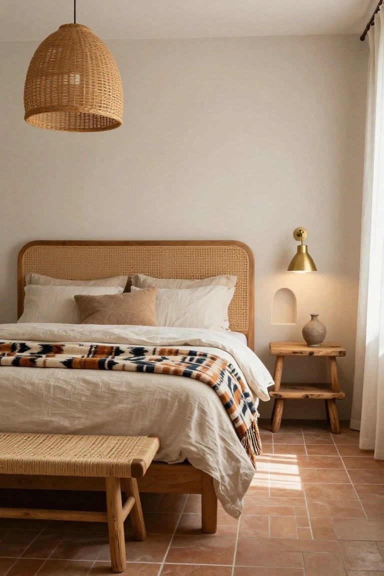 Bedroom with wooden bed frame and curved cane headboard, white linen bedding with colorful woven throw, matching rattan bench at foot of bed, wooden stool side table holding ceramic vase, large rattan pendant lamp overhead, gold wall sconce, and terracotta tile floor.